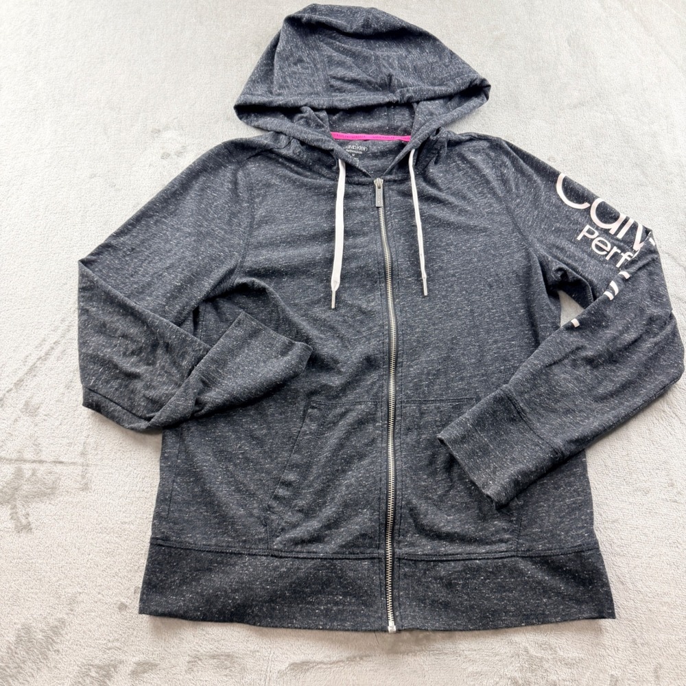 Calvin Klein Performance Women's Medium Gray Heather Zip Up Hoodie Logo Sleeve